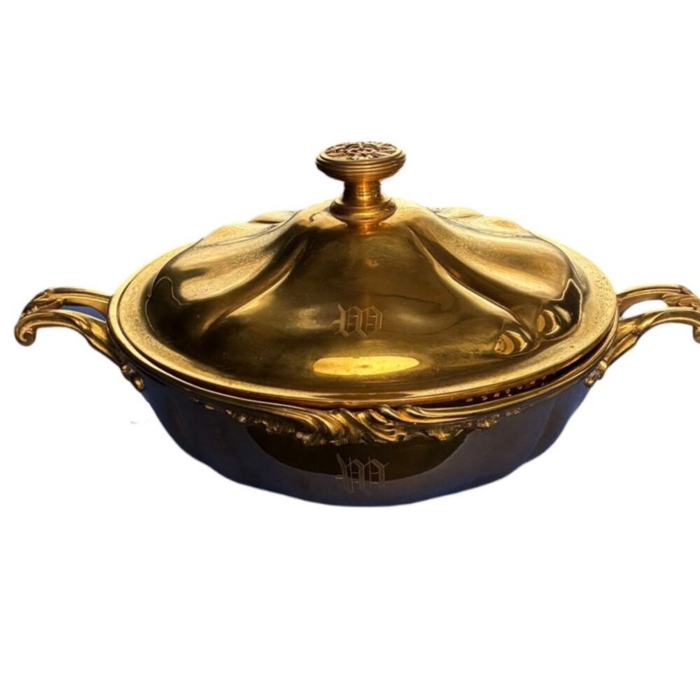 Christofle Malmaison Gold Plated Medusa Handled Covered Vegetable Tureen Bowl